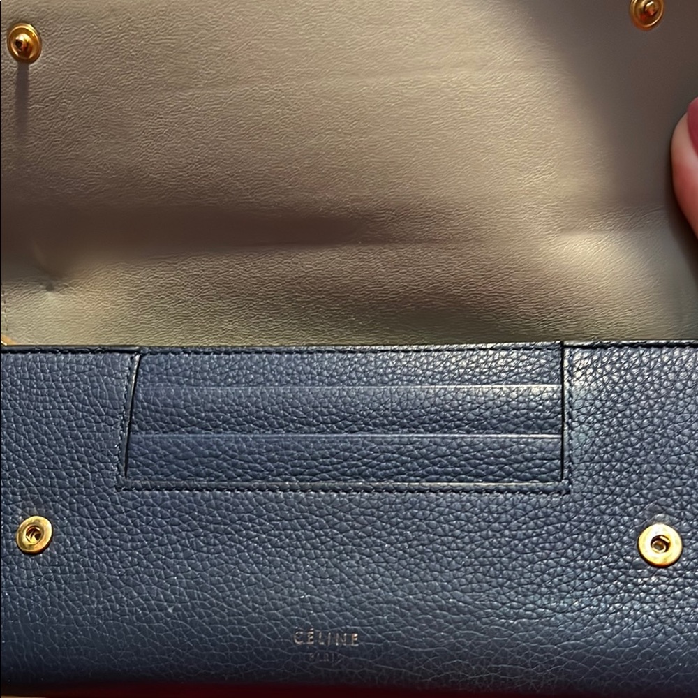 Celine Blue Wallet with Leather and Gold Accents